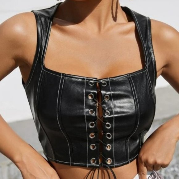 Lola Mae Tops - 𝅺black Vegan Leather Cropped Tank Corset Lace Up Top Overstitching